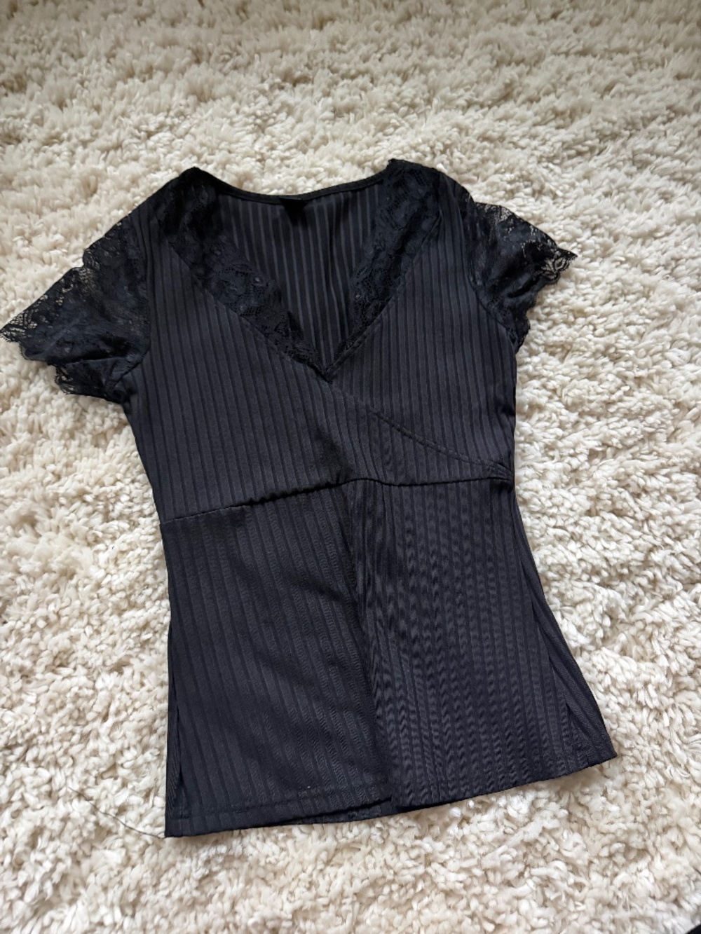 Chic black ribbed Black cute and casual women’s Lace-Trim Ribbed V-Neck Women's